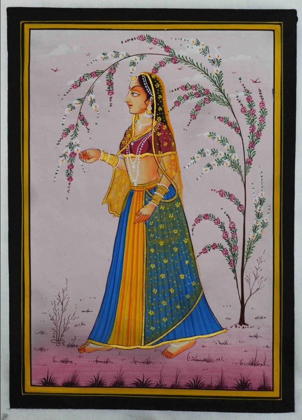 Figurative mughal traditional art titled 'Ragini With A Tree Branch', 12x9 inches, by artist Unknown on Silk