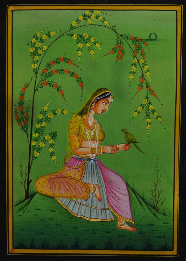 Figurative mughal traditional art titled 'Ragini With Bird', 12x9 inches, by artist Unknown on Silk