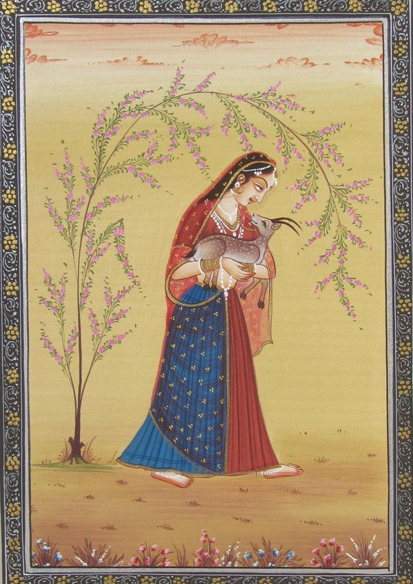 Figurative miniature traditional art titled 'Ragini With Deer', 10x7 inches, by artist Unknown on Paper