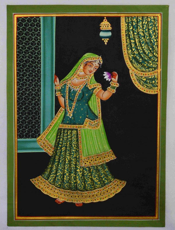 Figurative mughal traditional art titled 'Ragini With Flower', 12x9 inches, by artist Unknown on Silk