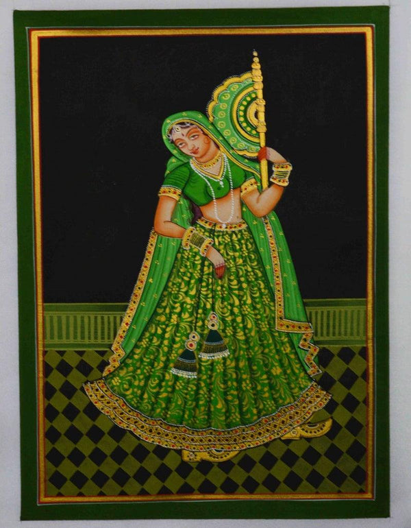 Figurative mughal traditional art titled 'Ragini With Hand Fan', 12x9 inches, by artist Unknown on Silk