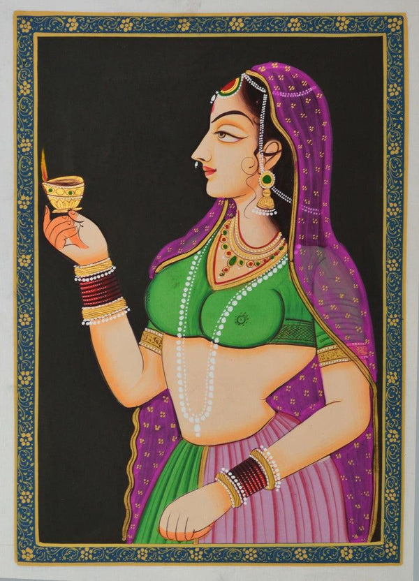 Portrait miniature traditional art titled 'Ragini With Lamp In Hand Silk', 11x8 inches, by artist Unknown on Silk