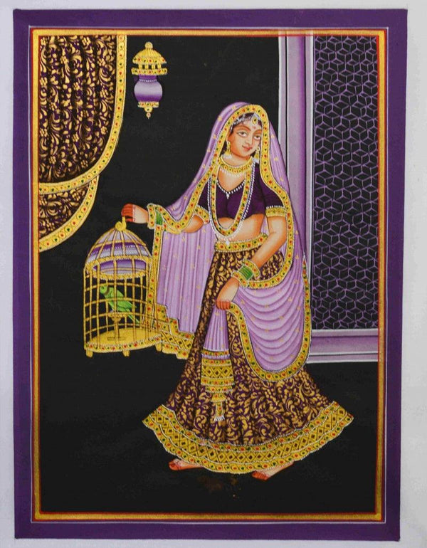 Figurative mughal traditional art titled 'Ragini With Parrot', 12x9 inches, by artist Unknown on Silk