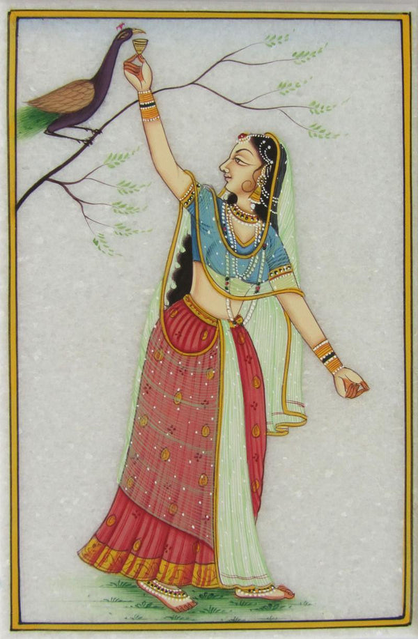 Figurative craft titled 'Ragini With Peacock', 6x4x5 inches, by artist Ecraft India on Marble