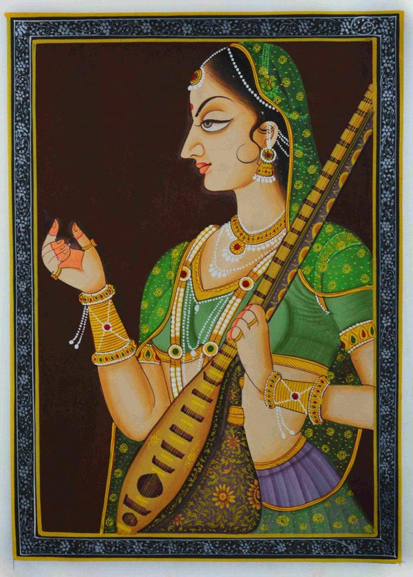 Figurative mughal traditional art titled 'Ragini With Sitaar', 13x9 inches, by artist Unknown on Silk