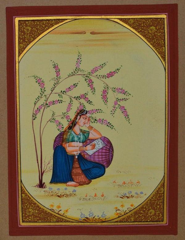 Figurative miniature traditional art titled 'Ragini Writing Moments', 8x6 inches, by artist Unknown on Paper