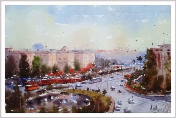 Cityscape watercolor painting titled 'Rail Bhavan New Delhi', 15x22 inches, by artist Amit Kapoor on Paper