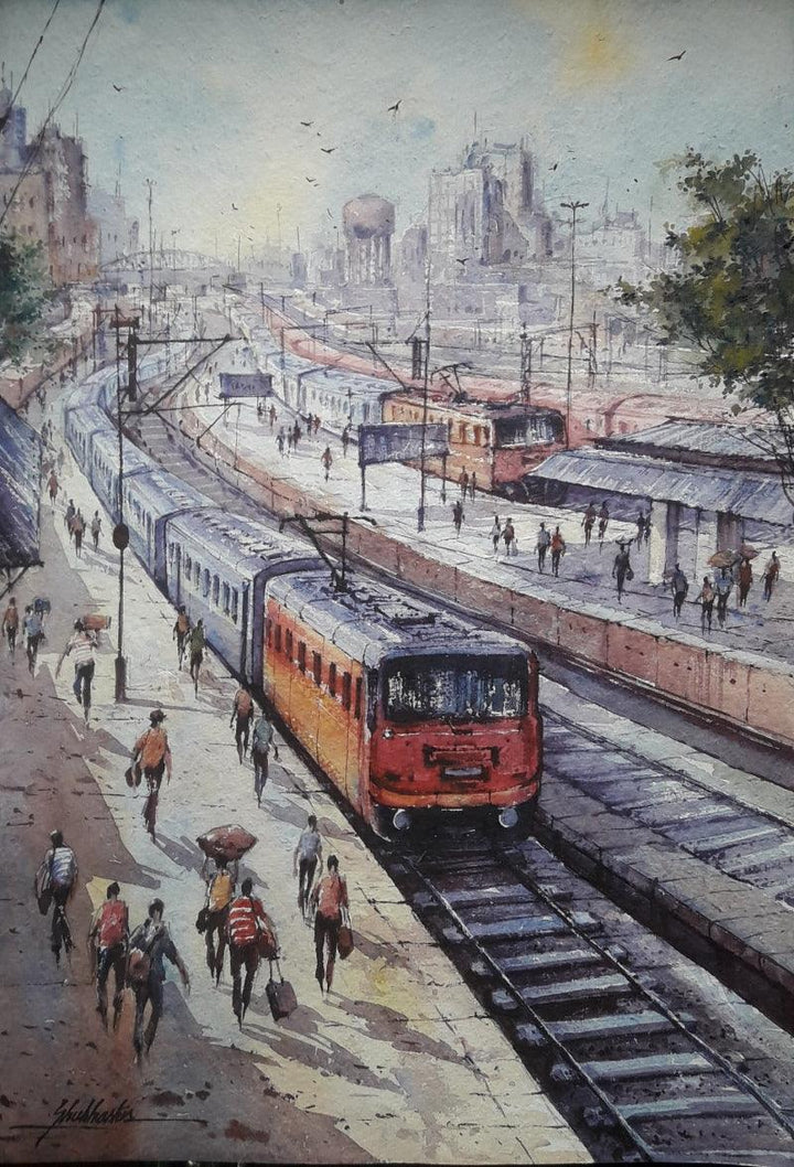 Cityscape watercolor painting titled 'Railway station 1', 22x15 inches, by artist SHUBHASHIS MANDAL on Handmade paper