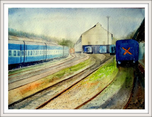 Cityscape watercolor painting titled 'Railway station', 22x29 inches, by artist Biki Das on Paper