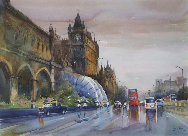 Cityscape watercolor painting titled 'Rain Casts Its Own Beauty', 28x20 inches, by artist Gulshan Achari on Paper