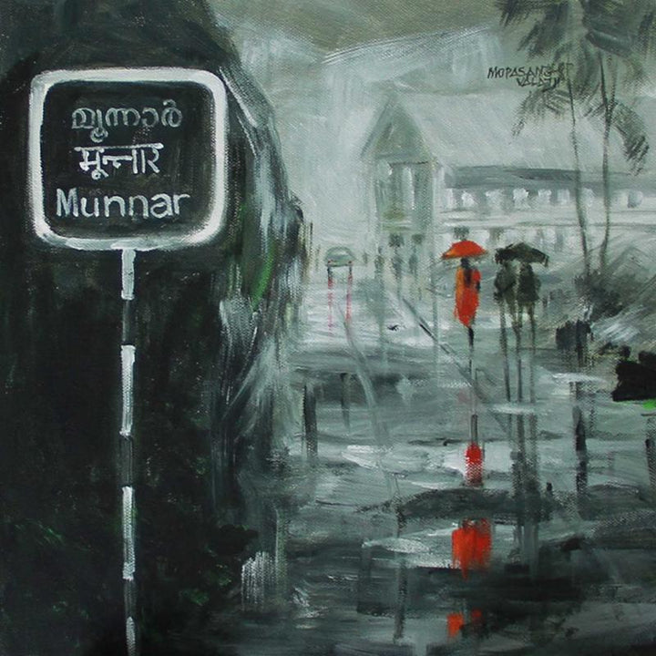 Scenic acrylic painting titled 'Rain In Munnar', 36x24 inches, by artist Mopasang Valath on Canvas