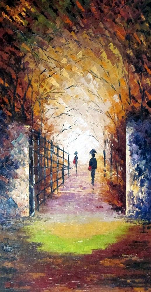 Nature oil painting titled 'Rain On The Bridge', 39x20 inches, by artist Ganesh Panda on Canvas