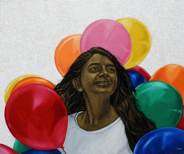 Figurative acrylic oil painting titled 'Rainbow Dreams', 30x36 inches, by artist Deepali S on Canvas