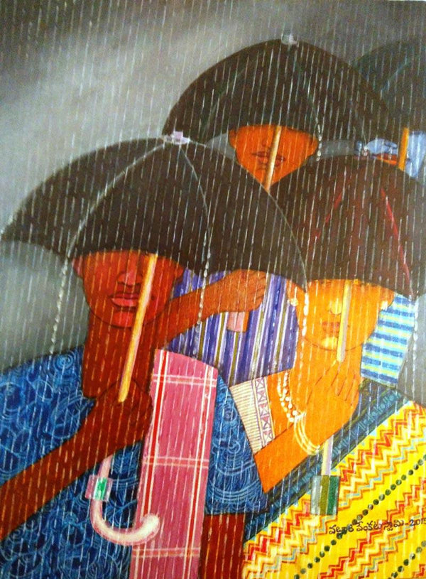 Figurative acrylic painting titled 'Rainey Season', 24x18 inches, by artist V.v. Swamy on Canvas