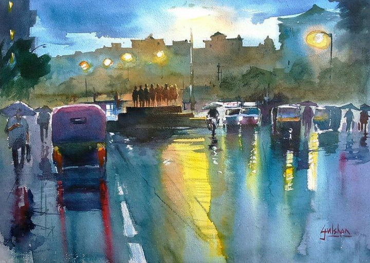 Cityscape watercolor painting titled 'Rainspirations 2', 18x13 inches, by artist Gulshan Achari on Paper