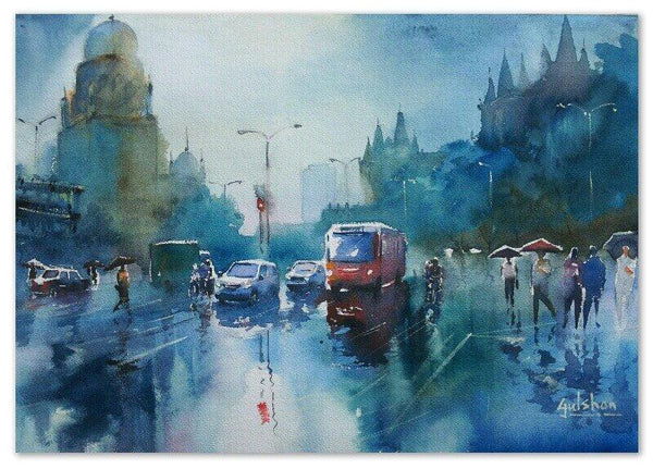 Cityscape watercolor painting titled 'Rainspirations', 19x13 inches, by artist Gulshan Achari on Paper