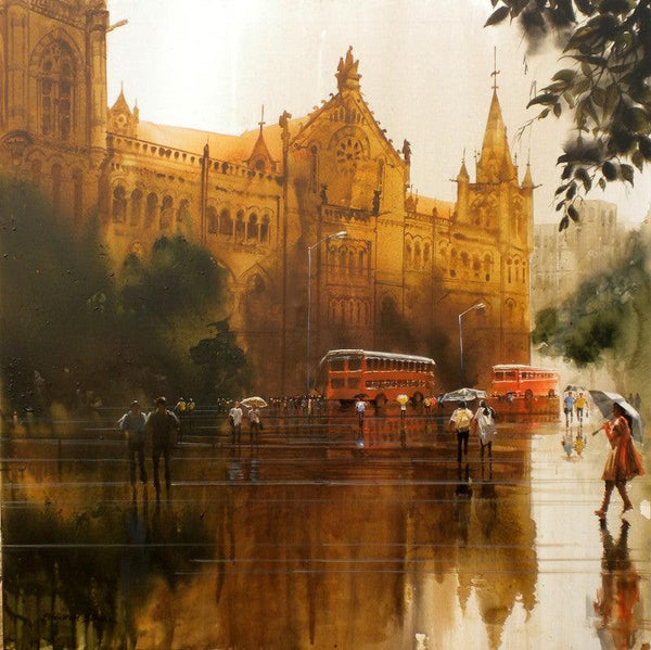 Cityscape acrylic painting titled 'Rainy City I', 48x48 inches, by artist Bhuwan Silhare on Canvas