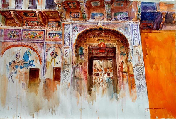 Cityscape acrylic painting titled 'Rainy City Jodhpur', 22x34 inches, by artist Sayajirao Nangare on Fabriano Paper