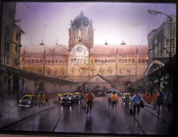 Cityscape acrylic painting titled 'Rainy City V', 36x48 inches, by artist Bhuwan Silhare on Canvas