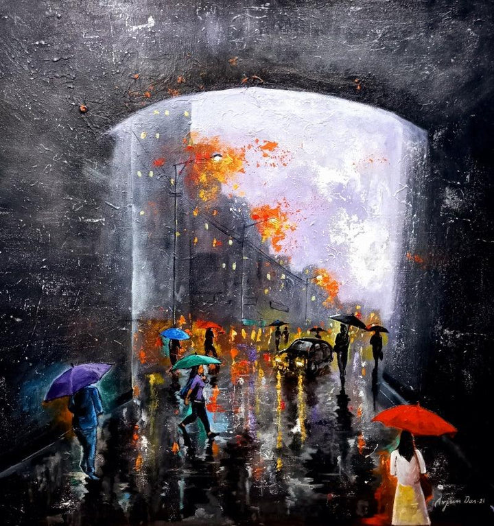 Cityscape acrylic painting titled 'Rainy Day 1', 30x30 inches, by artist Arjun Das on Canvas