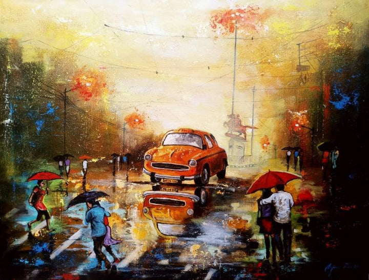 Cityscape acrylic painting titled 'Rainy Day 12', 24x30 inches, by artist Arjun Das on Canvas