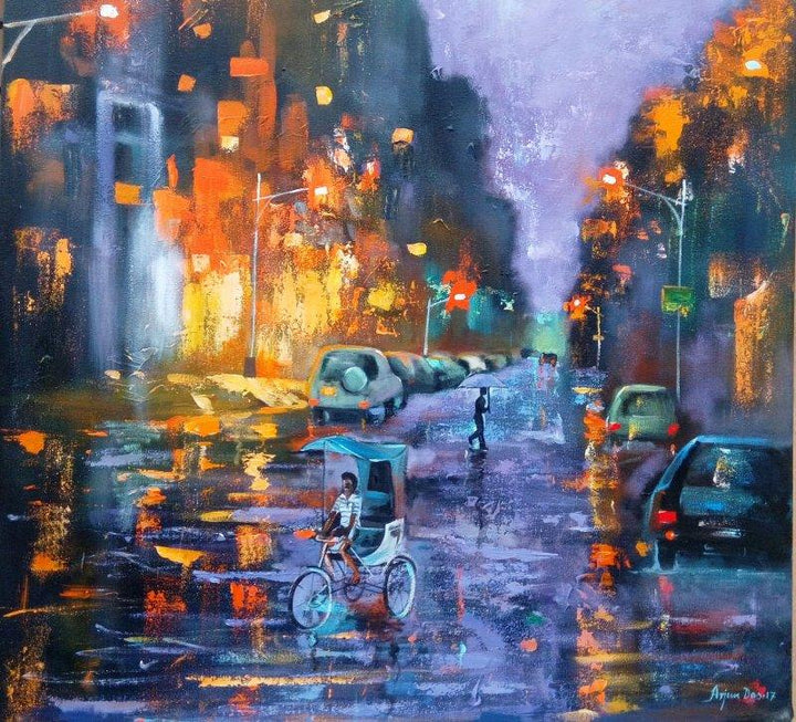 Realistic acrylic painting titled 'Rainy Day 2', 30x30 inches, by artist Arjun Das on Canvas