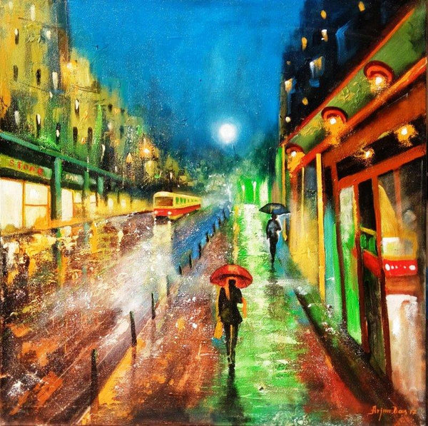 Cityscape acrylic painting titled 'Rainy Day 3', 30x30 inches, by artist Arjun Das on Canvas