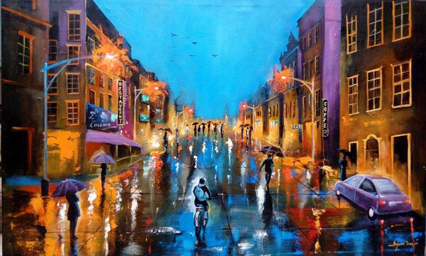 Realistic acrylic painting titled 'Rainy Day 4', 30x48 inches, by artist Arjun Das on canvas