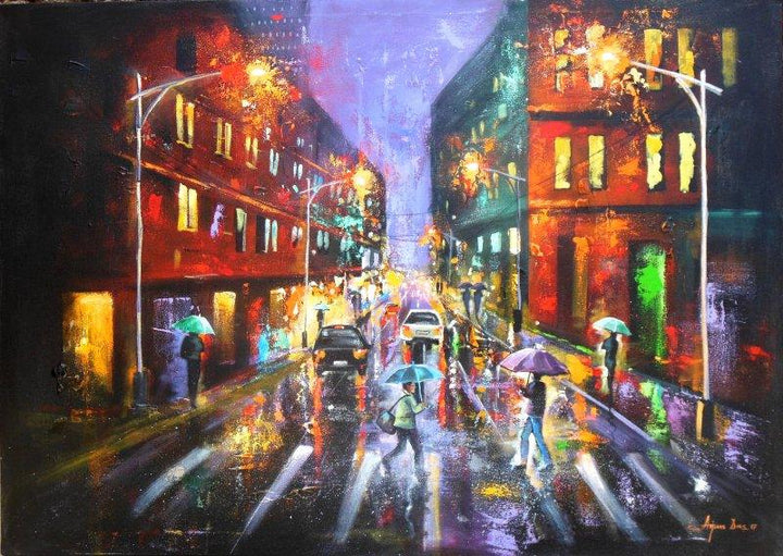 Cityscape acrylic painting titled 'Rainy Day 5', 30x42 inches, by artist Arjun Das on Canvas