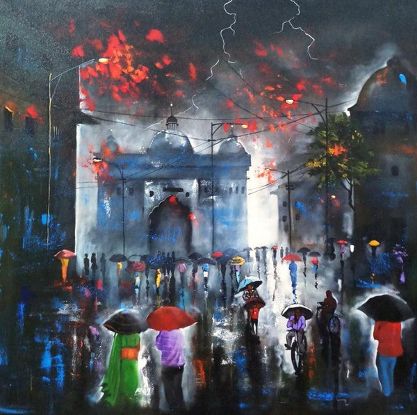 Cityscape acrylic painting titled 'Rainy Day 8', 36x36 inches, by artist Arjun Das on Canvas