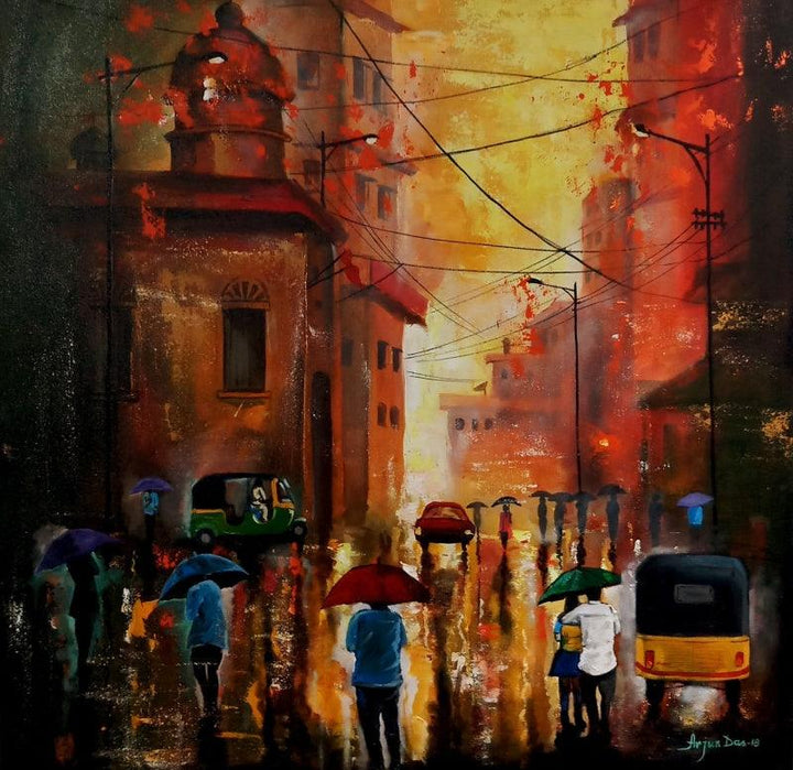 Cityscape acrylic painting titled 'Rainy Day 9', 30x30 inches, by artist Arjun Das on Canvas