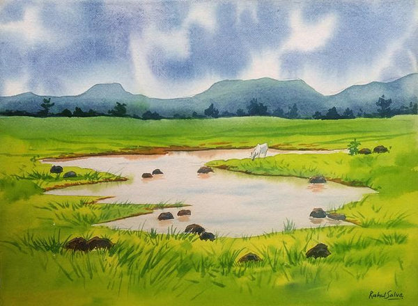 Landscape watercolor painting titled 'Rainy Day I', 15x11 inches, by artist Rahul Salve on Paper