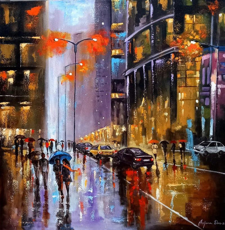 Cityscape acrylic painting titled 'Rainy Day In City 2', 30x30 inches, by artist Arjun Das on Canvas