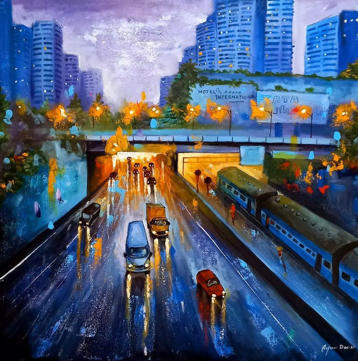 Cityscape acrylic painting titled 'Rainy Day In City', 30x30 inches, by artist Arjun Das on Canvas