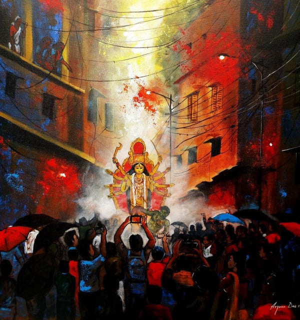 Cityscape acrylic painting titled 'Rainy Day In Durga Puja', 30x30 inches, by artist Arjun Das on Canvas