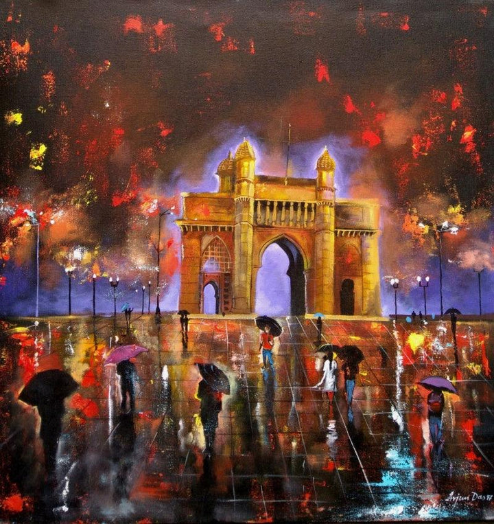 contemporary acrylic painting titled 'Rainy Day In Gatway Of India', 30x30 inches, by artist Arjun Das on canvas