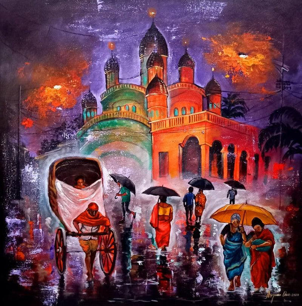 Cityscape acrylic painting titled 'Rainy Day In Kolkata 14', 30x30 inches, by artist Arjun Das on Canvas