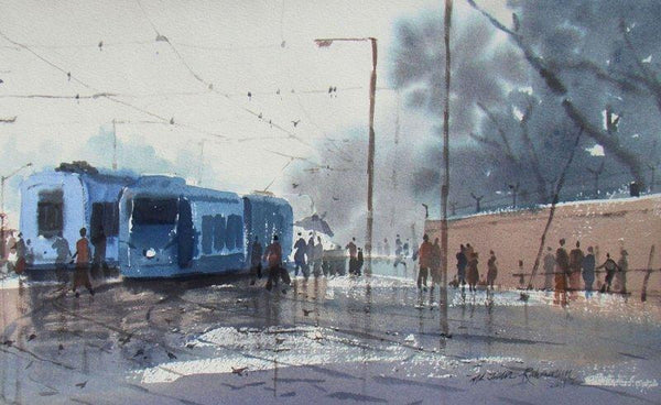 Cityscape watercolor painting titled 'Rainy Day In Kolkata', 11x17 inches, by artist Jiaur Rahman on Paper