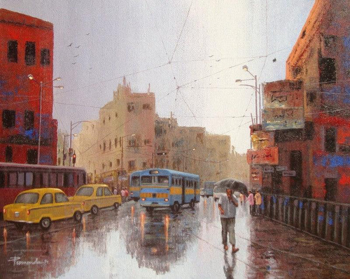 Cityscape acrylic painting titled 'Rainy Day In Kolkata II', 24x30 inches, by artist Purnendu Mandal on Canvas