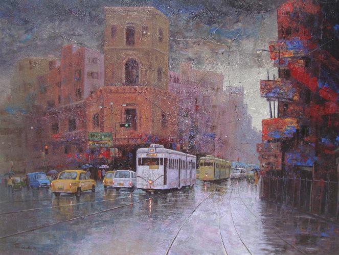 Cityscape acrylic painting titled 'Rainy Day In Kolkata III', 36x48 inches, by artist Purnendu Mandal on Canvas