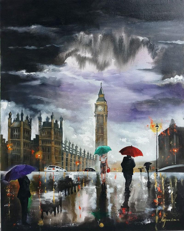 Cityscape acrylic painting titled 'Rainy Day In London', 30x24 inches, by artist Arjun Das on canvas