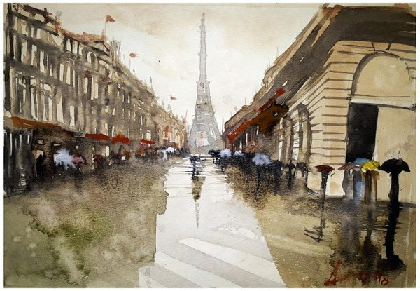 Cityscape watercolor painting titled 'Rainy Day In Paris', 7x11 inches, by artist Arunava Ray on Paper