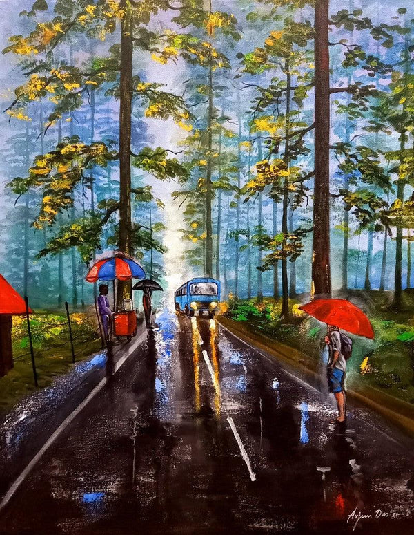 Landscape acrylic painting titled 'Rainy Day In Uttrakhand', 30x24 inches, by artist Arjun Das on Canvas