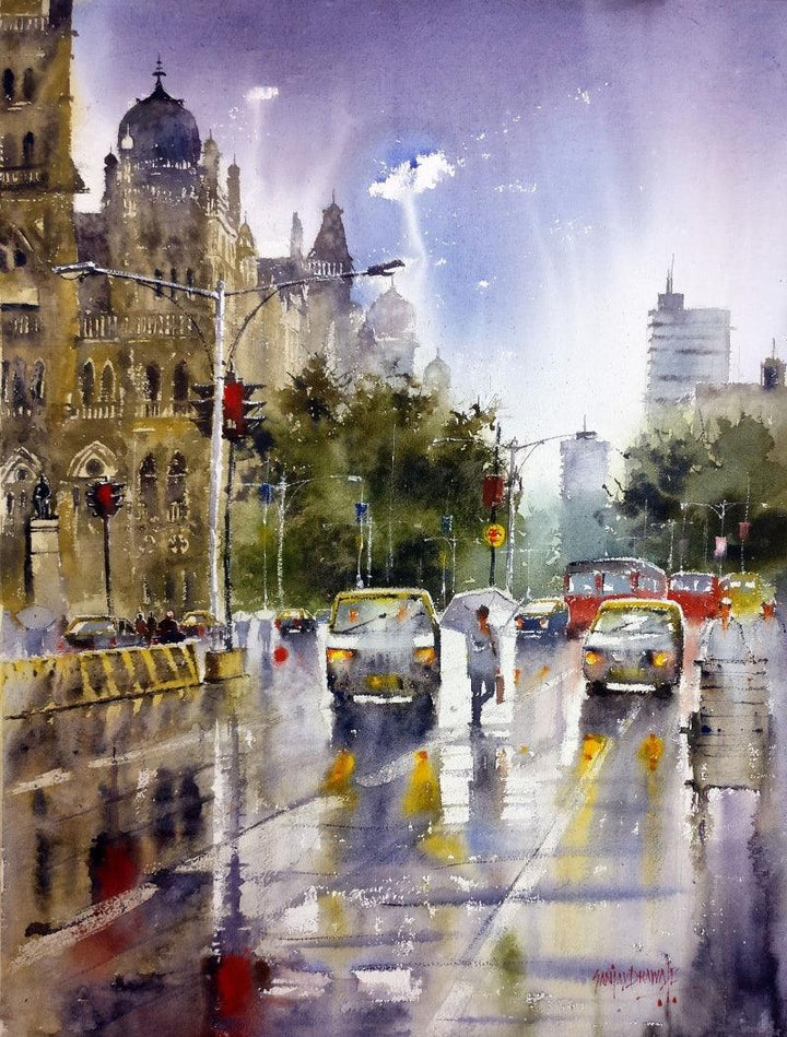 Landscape watercolor painting titled 'Rainy Mumbai', 30x22 inches, by artist Sanjay Dhawale on Handmade Paper