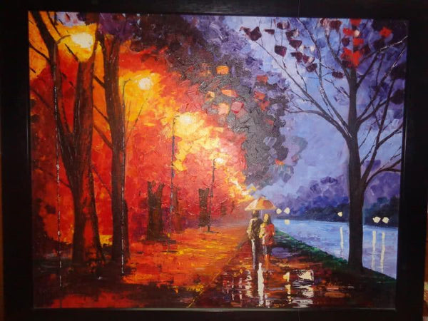 Expressionist acrylic painting titled 'Rainy night', 24x36 inches, by artist Shikha Poddar on Canvas Board