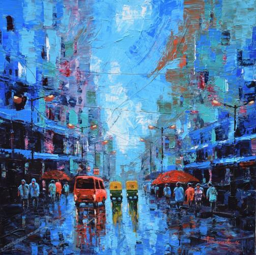 Cityscape acrylic painting titled 'Rainy Street', 18x18 inches, by artist Purnendu Mandal on Canvas