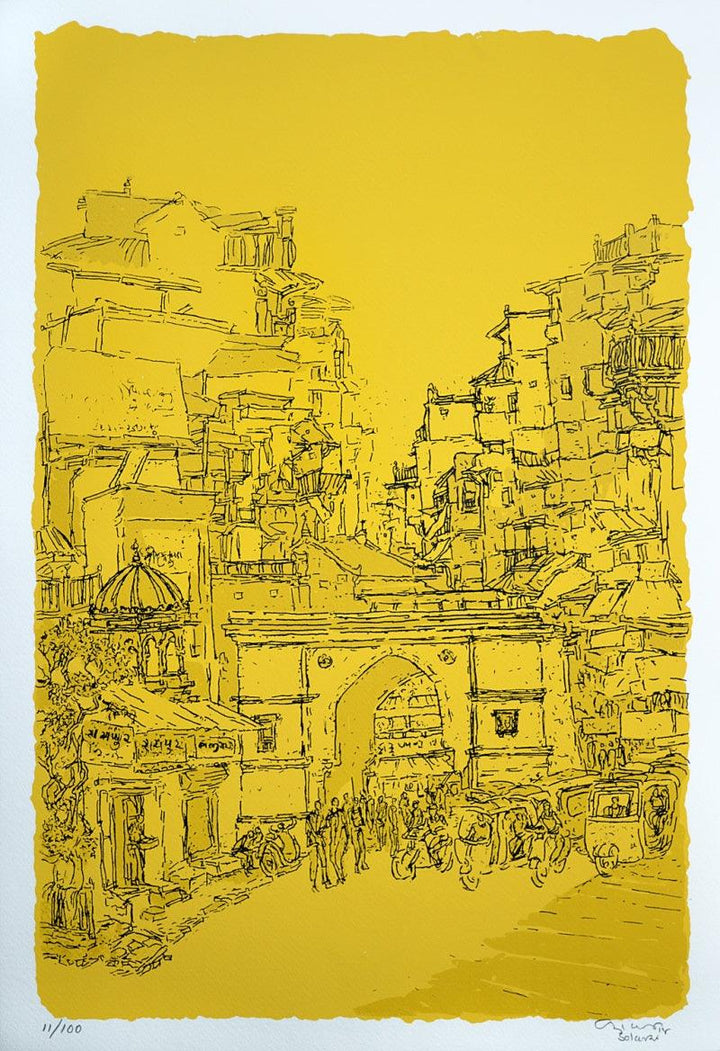 Cityscape serigraphs painting titled 'Raipur Darwaza', 22x15 inches, by artist Vrindavan Solanki on Paper