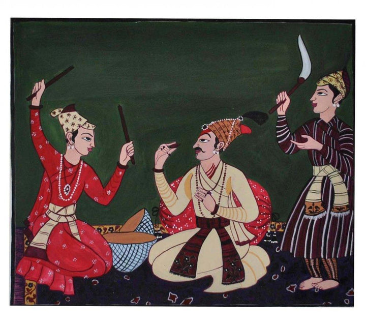 Figurative postercolor painting titled 'Raja enjoying music', 10x12 inches, by artist Radhika Ulluru on Paper