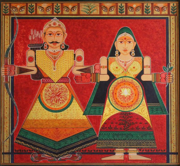 Figurative acrylic painting titled 'Raja Rani', 35x38 inches, by artist Satish Chavhan on Canvas Board