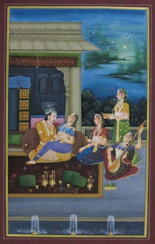 Figurative mughal traditional art titled 'Raja Rani Romantic Moments', 36x24 inches, by artist E Craft on Silk